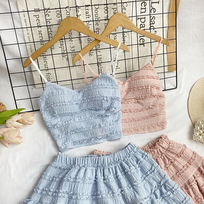 Set: Plain Lace Crop Cami Top + Elastic Waist Tiered Mini A-Line Skirt