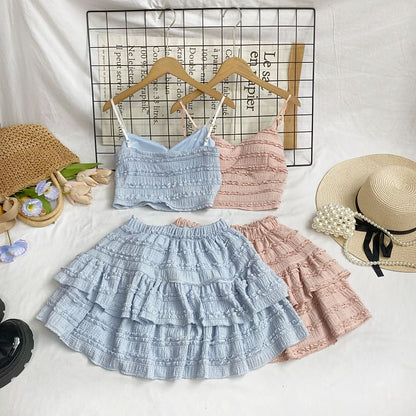 Set: Plain Lace Crop Cami Top + Elastic Waist Tiered Mini A-Line Skirt