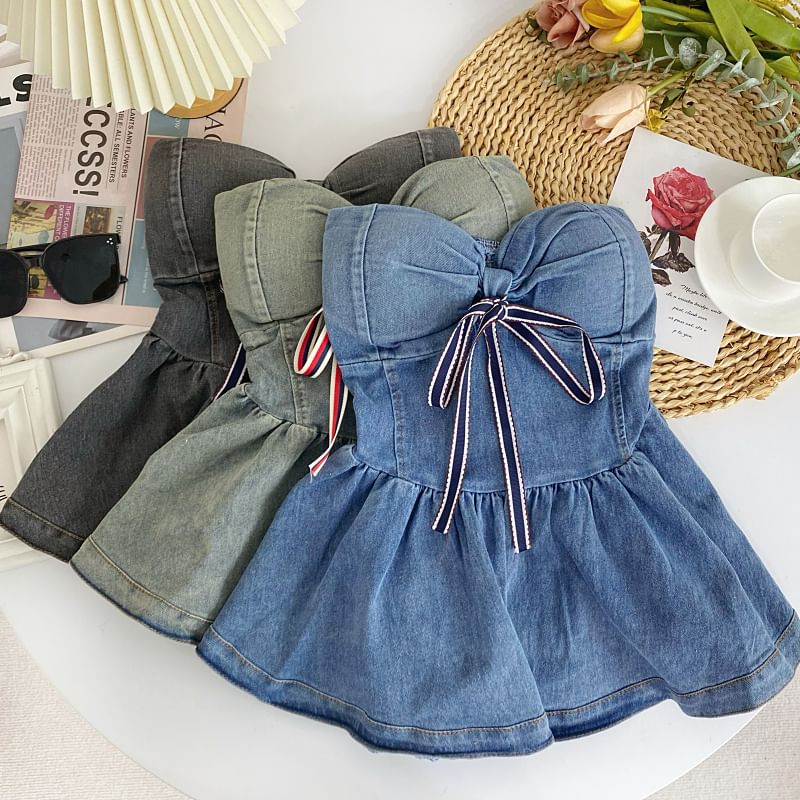 Bow Peplum Washed Denim Tube Top