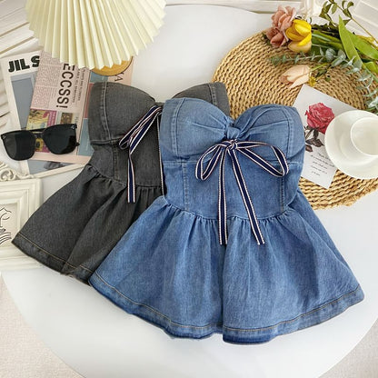 Bow Peplum Washed Denim Tube Top