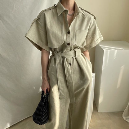 Short-Sleeve Collar Plain Button Wide Leg Jumpsuit