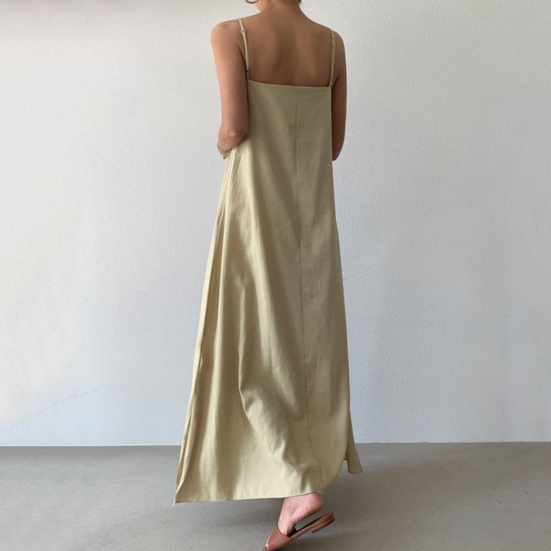 Spaghetti Strap Plain Slit Maxi A-Line Dress