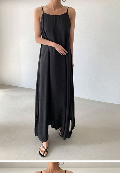 Spaghetti Strap Plain Slit Maxi A-Line Dress