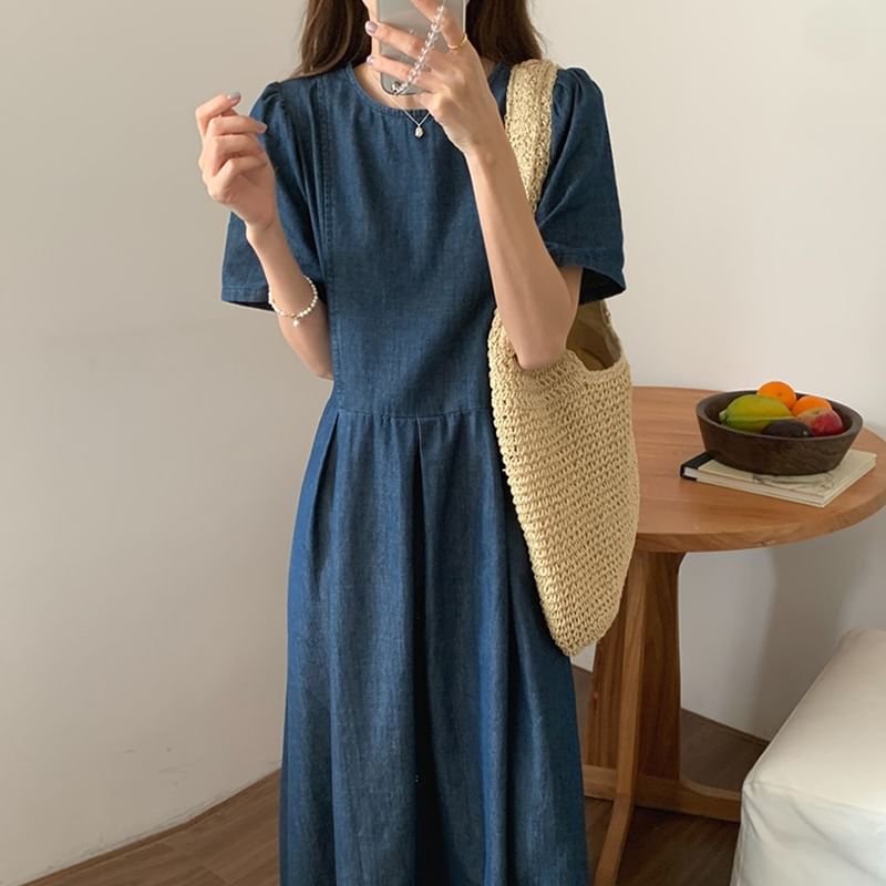 Short-Sleeve Round Neck Washed Denim Midi A-Line Dress