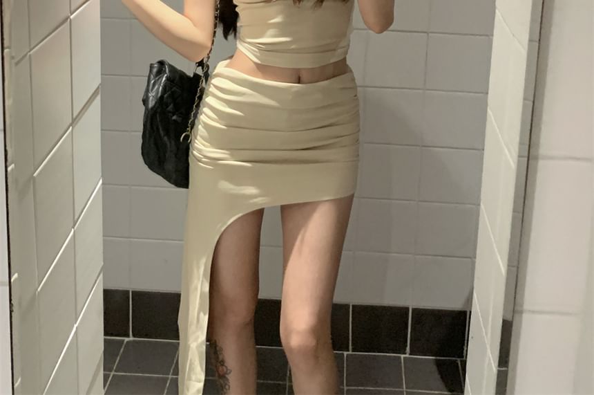 Skirt Plain Crop Asymmetrical One-Shoulder Top High Mini Pencil Waist Tank /