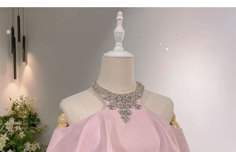 Halter Evening Neck Mermaid Cold Short-Sleeve Shoulder Rhinestone Gown Accent Plain