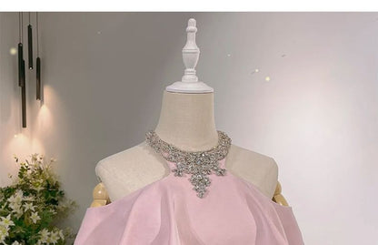 Halter Evening Neck Mermaid Cold Short-Sleeve Shoulder Rhinestone Gown Accent Plain