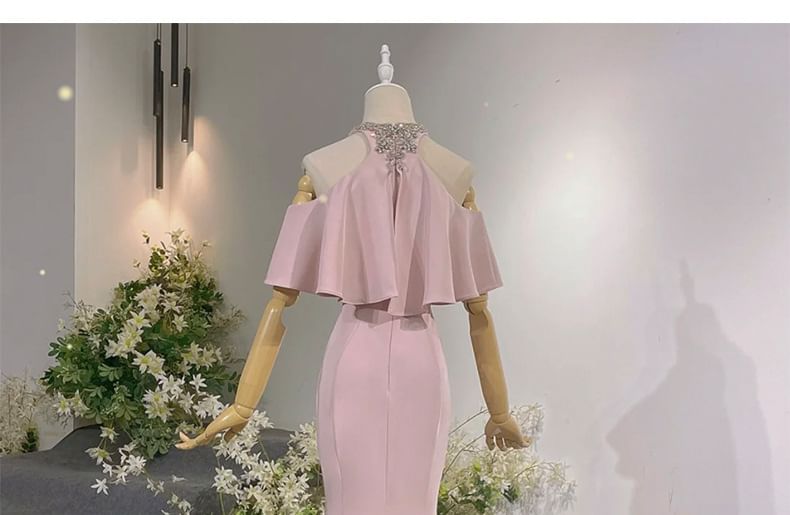 Halter Evening Neck Mermaid Cold Short-Sleeve Shoulder Rhinestone Gown Accent Plain