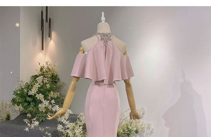 Halter Evening Neck Mermaid Cold Short-Sleeve Shoulder Rhinestone Gown Accent Plain