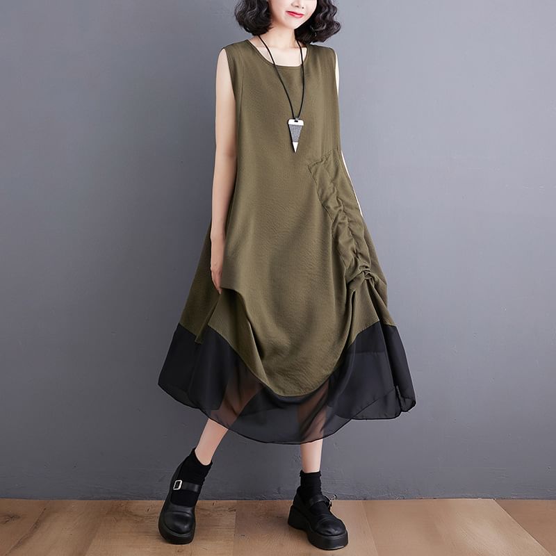 Sleeveless Round Neck Panel Drawstring Midi A-Line Dress