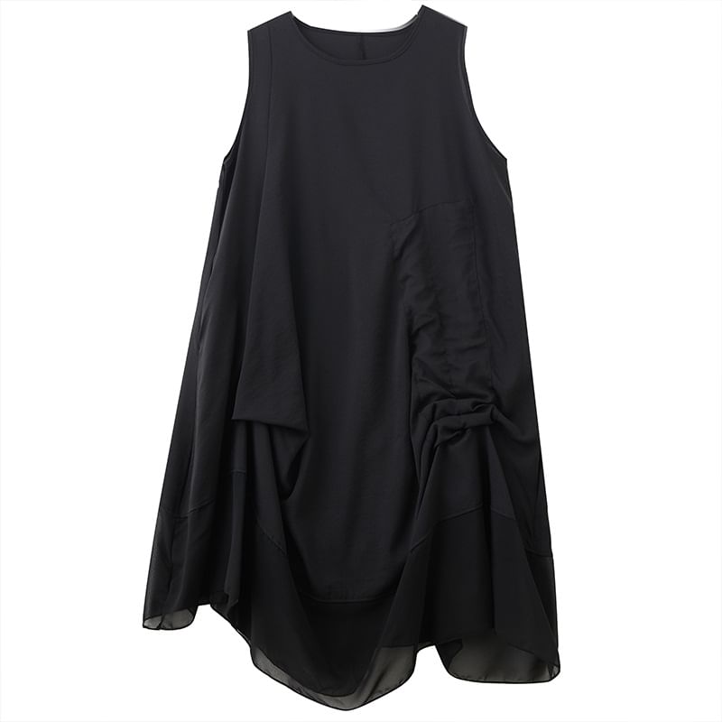 Sleeveless Round Neck Panel Drawstring Midi A-Line Dress