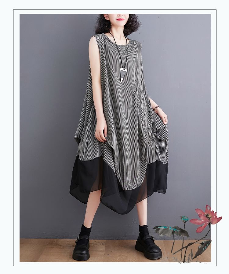 Sleeveless Round Neck Panel Drawstring Midi A-Line Dress