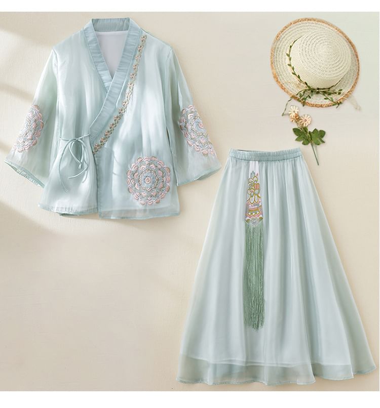 3/4-Sleeve V-Neck Floral Embroidered Tie Front Wrap Top / Elastic Waist Fringe Midi A-Line Skirt