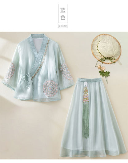 3/4-Sleeve V-Neck Floral Embroidered Tie Front Wrap Top / Elastic Waist Fringe Midi A-Line Skirt