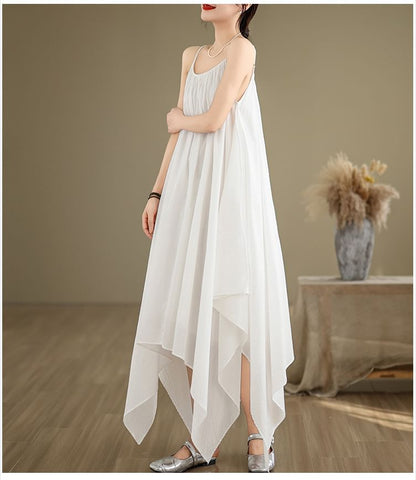 Spaghetti Strap Plain Asymmetrical A-Line Dress