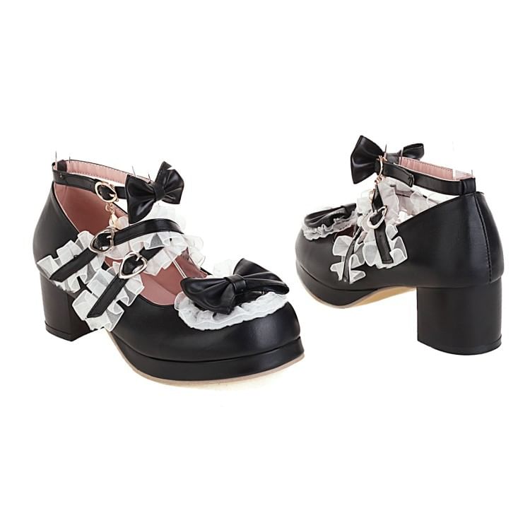 Platform Chunky Bow Heel Jane Mary Ruffle Pumps Strappy