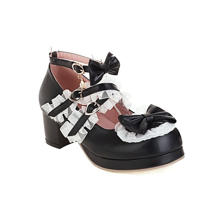Platform Chunky Bow Heel Jane Mary Ruffle Pumps Strappy