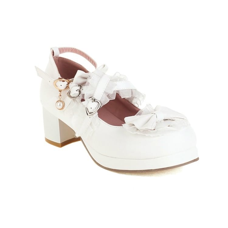 Platform Chunky Bow Heel Jane Mary Ruffle Pumps Strappy