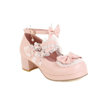 Platform Chunky Bow Heel Jane Mary Ruffle Pumps Strappy