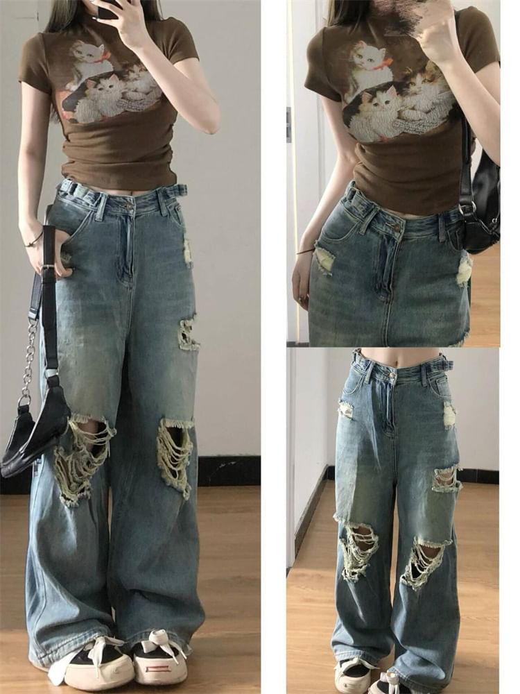 Mid Rise Ripped Washed Loose Fit Jeans