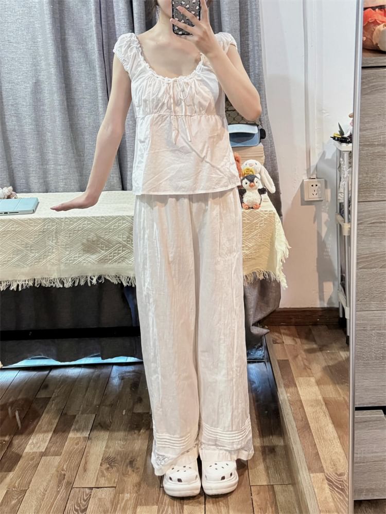 Mid Rise Plain Lace Panel Wide Leg Pants