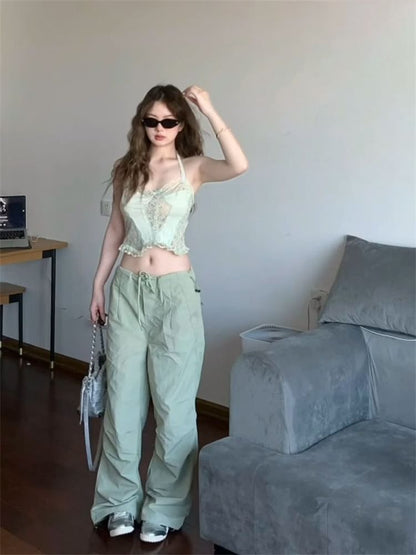 Drawstring Waist Plain Wide Leg Cargo Pants