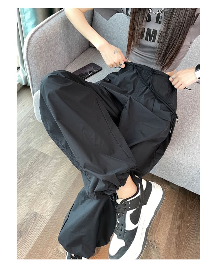 Drawstring Waist Plain Wide Leg Cargo Pants