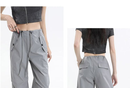 Drawstring Waist Plain Loose Fit Cargo Pants