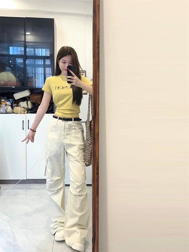 Mid Waist Plain Wide Leg Cargo Pants