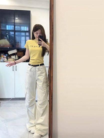 Mid Waist Plain Wide Leg Cargo Pants