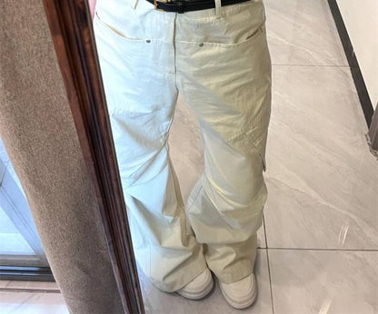 Mid Waist Plain Wide Leg Cargo Pants