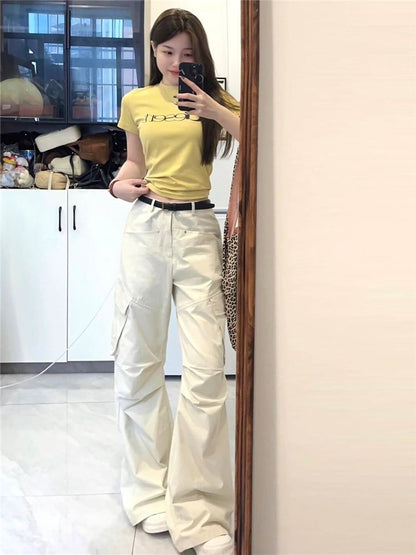 Mid Waist Plain Wide Leg Cargo Pants