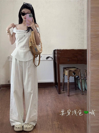 Mid Waist Plain Lace Panel Wide Leg Pants