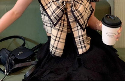 Puff Sleeve Square Neck Plaid Bow Blouse