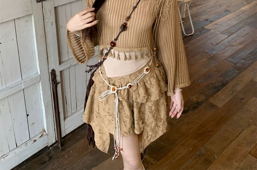Mini Tassel Asymmetrical Detail Cropped / Top Mid Cami Rise Waist Plain Beaded Chain Skirt Distressed Sweater A-Line