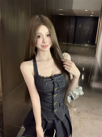 Denim Mini Pleated Trim Lace A-Line Top Mid Halter Button-Up Skirt Rise Low /
