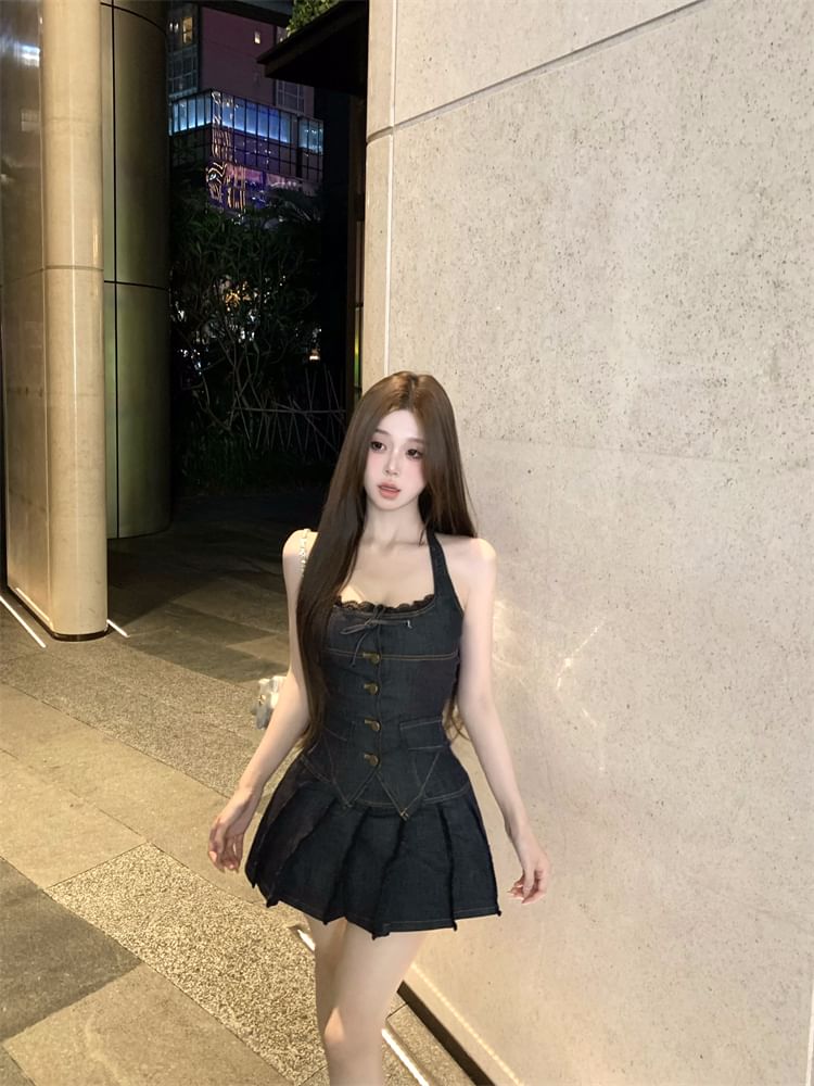 Denim Mini Pleated Trim Lace A-Line Top Mid Halter Button-Up Skirt Rise Low /