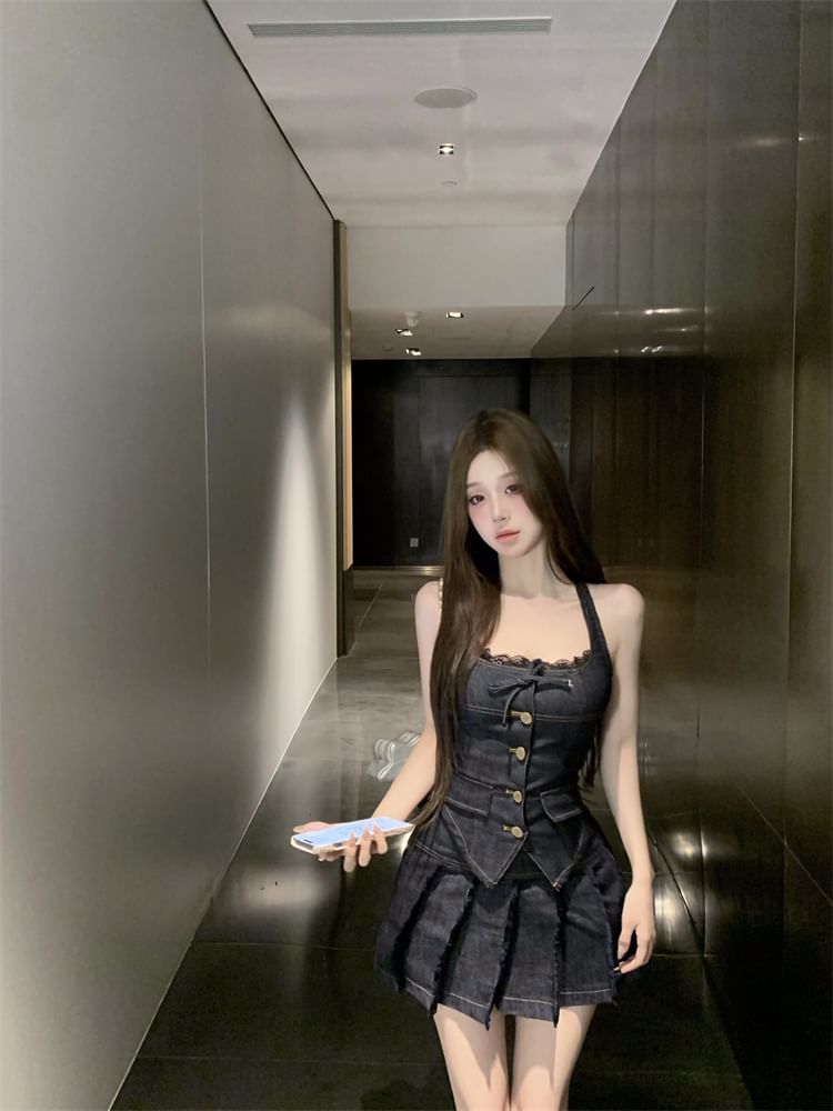 Denim Mini Pleated Trim Lace A-Line Top Mid Halter Button-Up Skirt Rise Low /