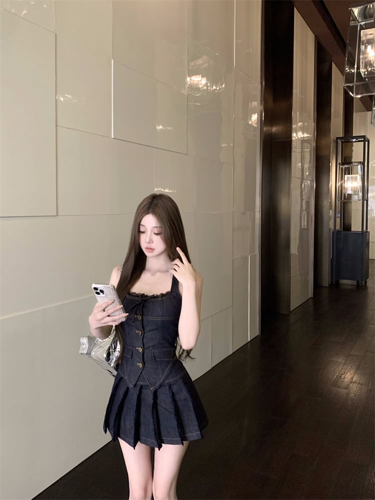 Denim Mini Pleated Trim Lace A-Line Top Mid Halter Button-Up Skirt Rise Low /