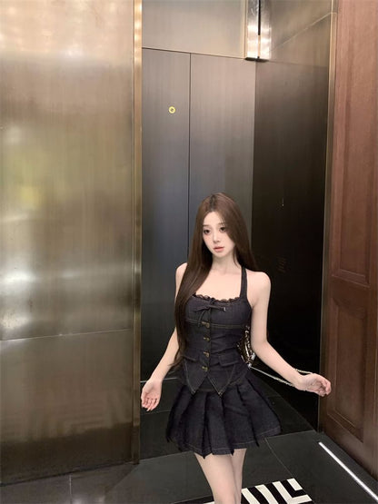 Denim Mini Pleated Trim Lace A-Line Top Mid Halter Button-Up Skirt Rise Low /