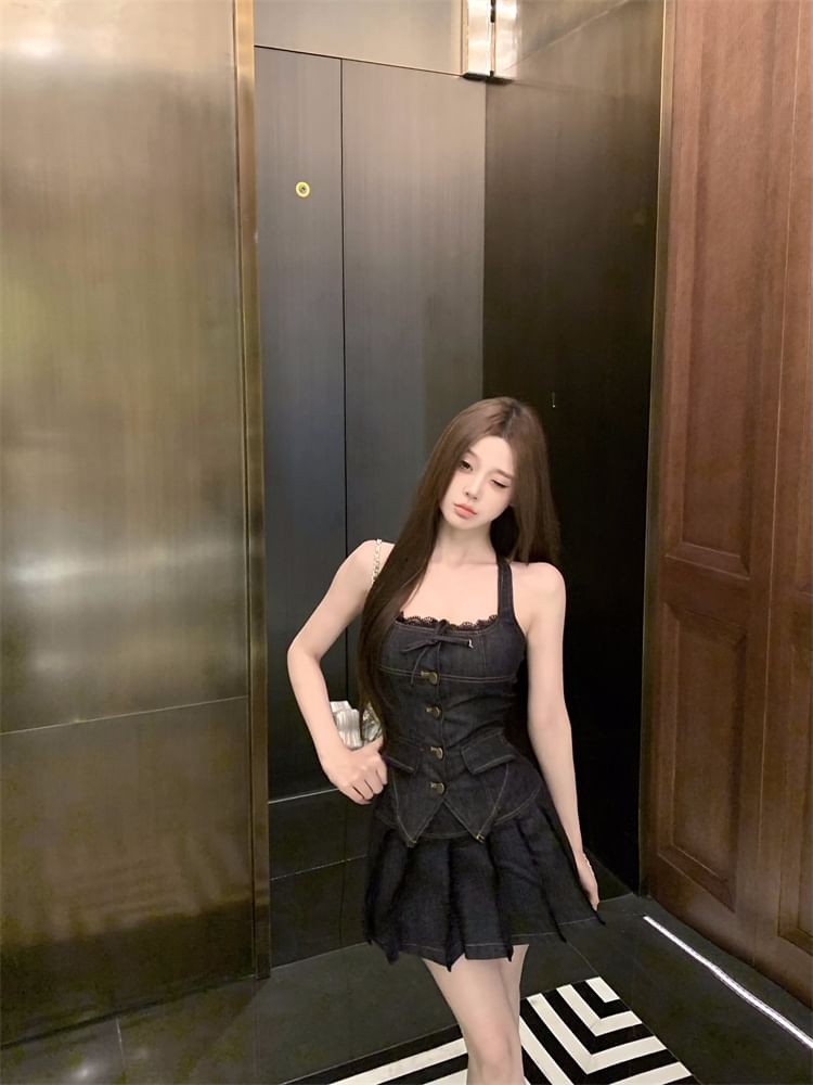 Denim Mini Pleated Trim Lace A-Line Top Mid Halter Button-Up Skirt Rise Low /