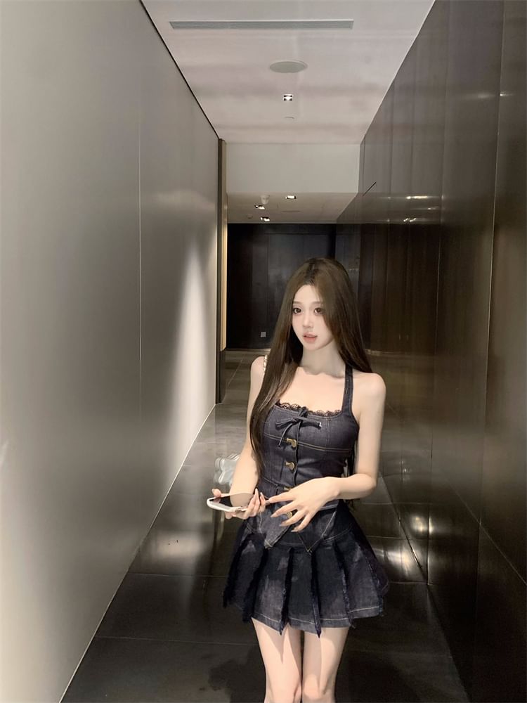 Denim Mini Pleated Trim Lace A-Line Top Mid Halter Button-Up Skirt Rise Low /