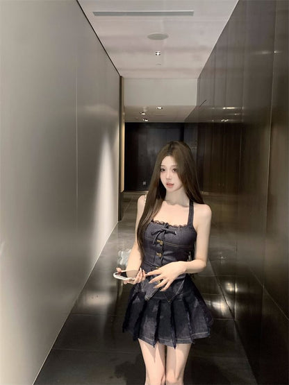 Denim Mini Pleated Trim Lace A-Line Top Mid Halter Button-Up Skirt Rise Low /