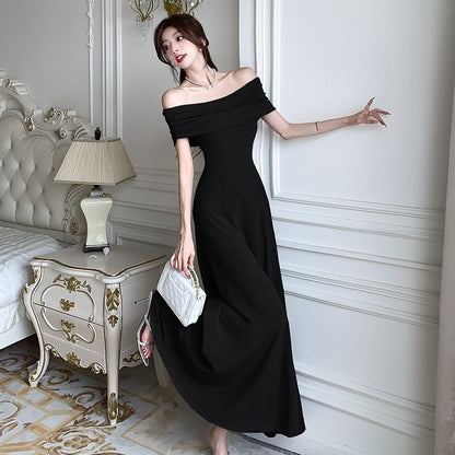 Off-Shoulder Plain Maxi A-Line Dress