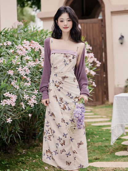 Plain Cardigan / Spaghetti Strap Butterfly Print Maxi Sundress / Set