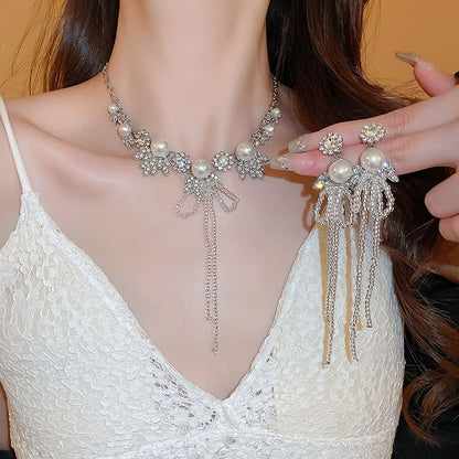 Ribbon Rhinestone Earring Drop Necklace /