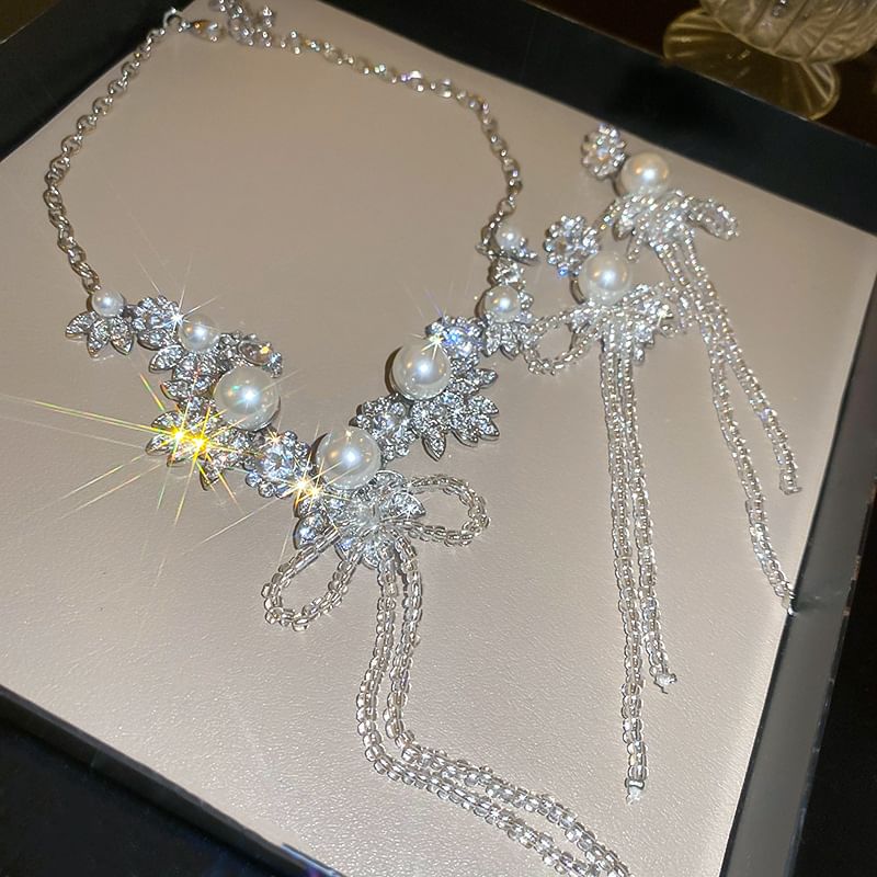 Ribbon Rhinestone Earring Drop Necklace /