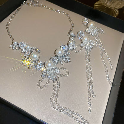 Ribbon Rhinestone Earring Drop Necklace /