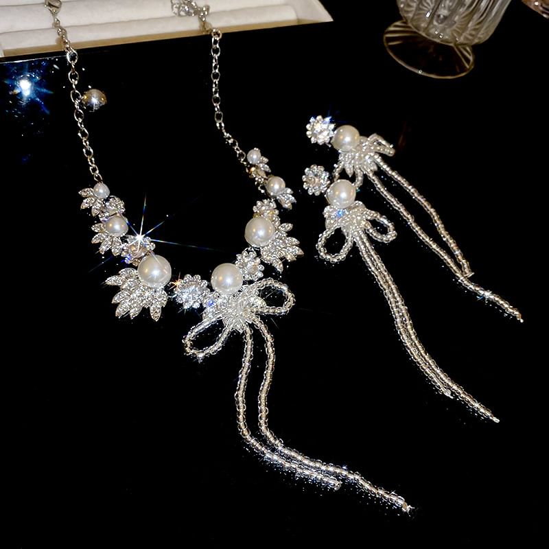 Ribbon Rhinestone Earring Drop Necklace /