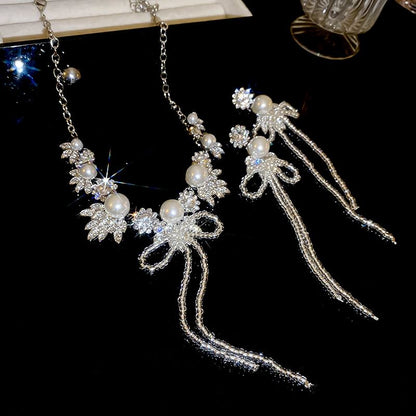 Ribbon Rhinestone Earring Drop Necklace /